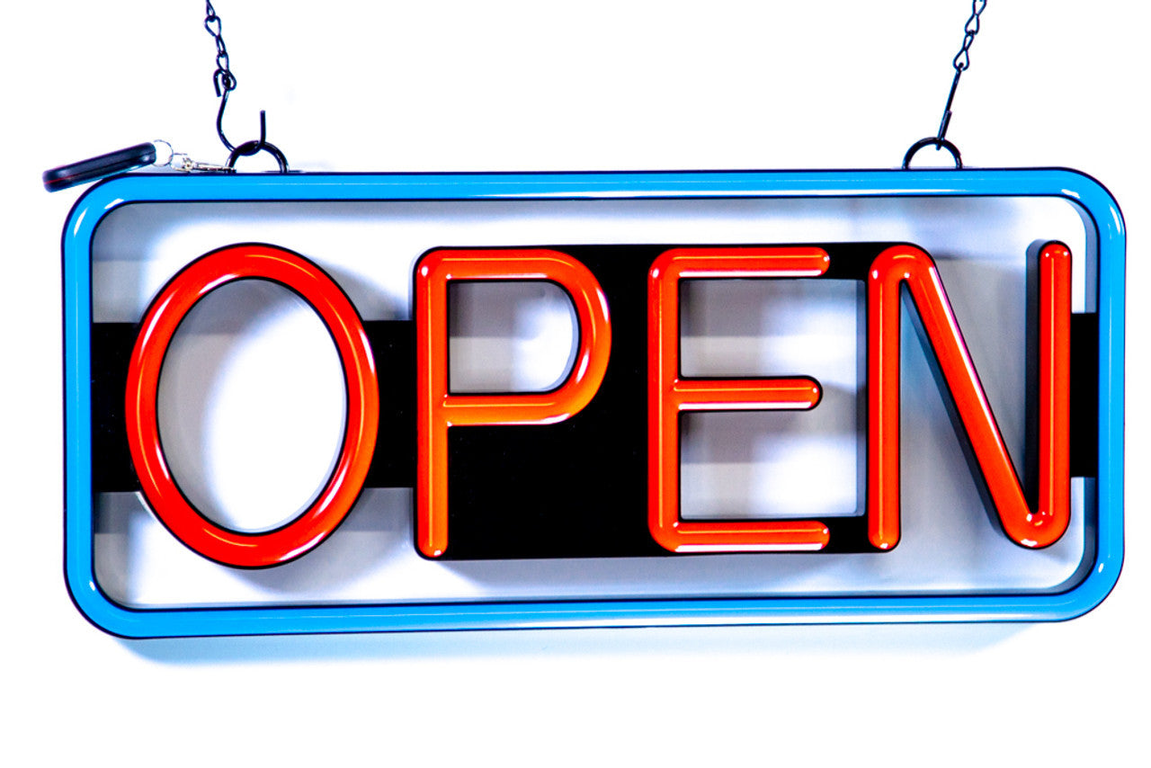 Ultra Bright LED Neon OPEN SIGN with Remote 21 inch x 10 inch. Steady & Flash Light for Business Storefront, Walls,Shop Window,Bar sign (Blue/Red)