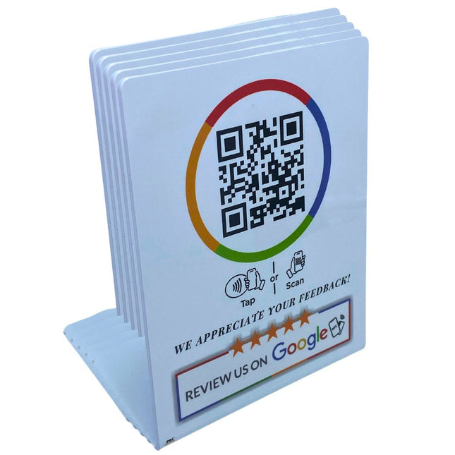 White NFC and QR Google review stand Design 1