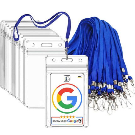 Clear vertical review card holder with blue lanyard