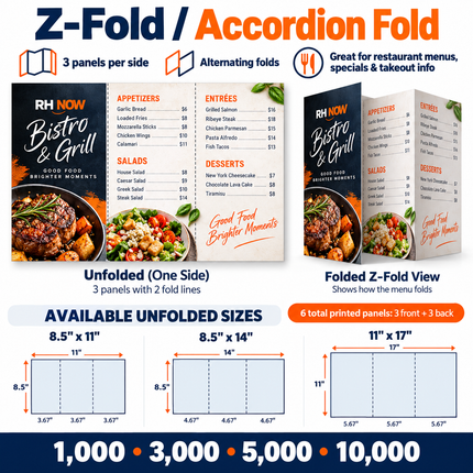 Z-Fold menu printing visual guide showing three panels with two fold lines, front and back, available paper sizes and quantities