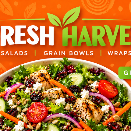 Fresh Harvest orange salad and grain bowl gift card design RHGC-HLT-203 with green lettering and grilled chicken salad