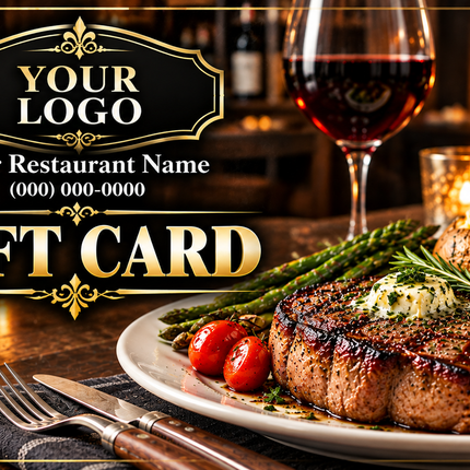 Steakhouse Dinner personalized restaurant gift card RHGC-RST-110, steak and wine black gold design