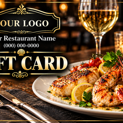 Luxury Seafood Dinner custom restaurant gift card RHGC-RST-111 with shrimp, seafood, wine and elegant black gold styling