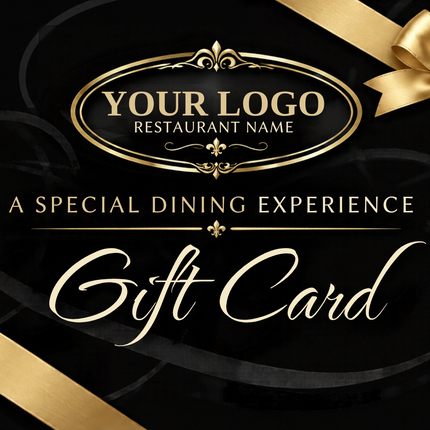RHGC-RST-112 Black and Gold Luxury Restaurant Gift Card with gold ribbon bow, oval logo frame and elegant Gift Card lettering