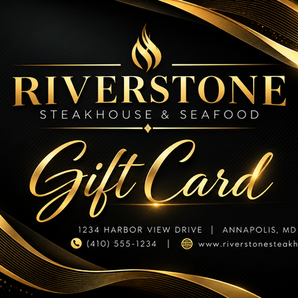 Riverstone black and gold steakhouse and seafood restaurant gift card RHGC-RST-113 with elegant metallic gold waves and customizable restaurant details
