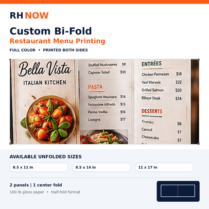 RH Now custom bi-fold restaurant menu printing, 2 panels, center fold, 100 lb gloss paper