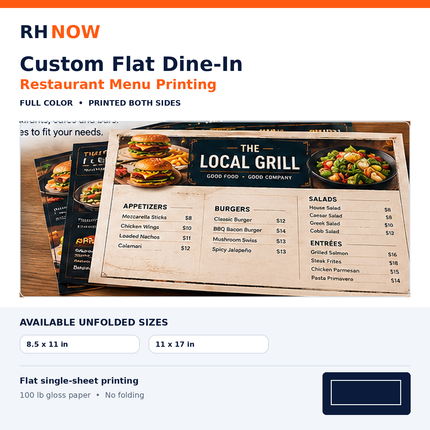 RH Now custom flat dine-in restaurant menu printing, full-color double-sided printing on 100 lb gloss paper