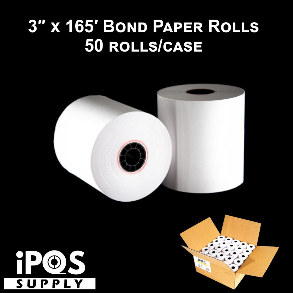 1 Ply Bond Receipt Paper Rolls 3 inch x 165 Feet - (Box of 50 Rolls)