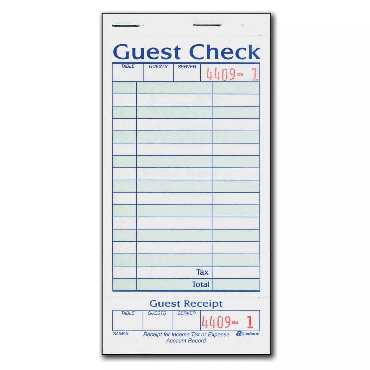 Adams 1-Part Guest Check with Stub - 50 Checks/book - 20 pk