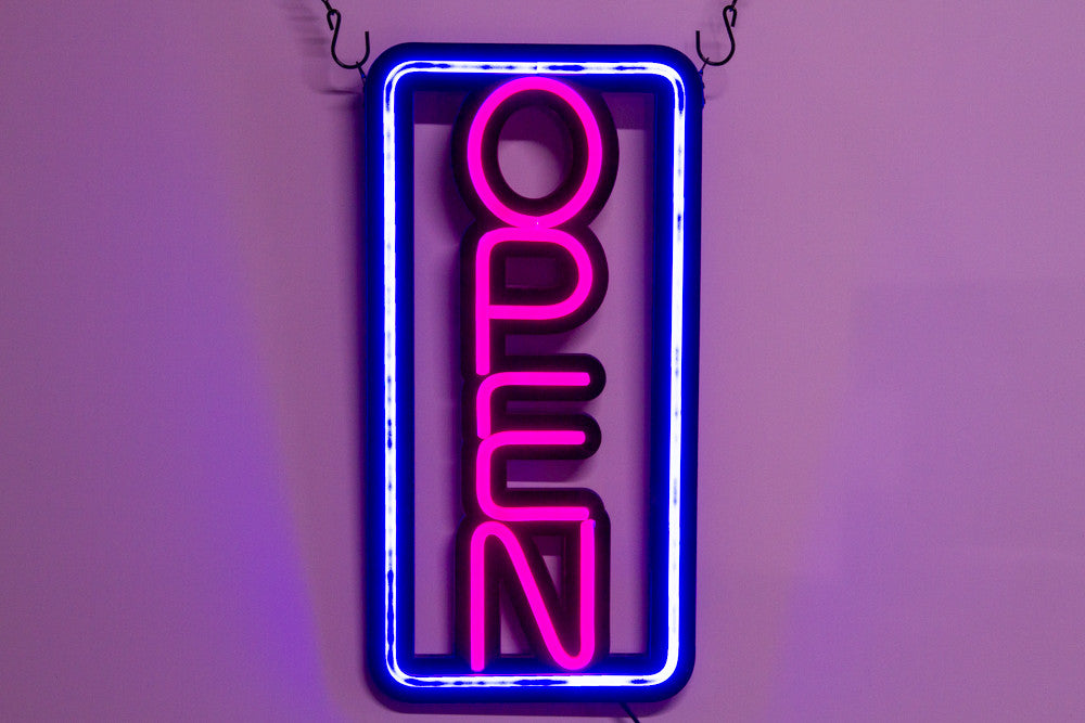 Ultra Bright Vertical LED Neon OPEN SIGN 19 inch x 10 inch Steady Blue & Pink Light