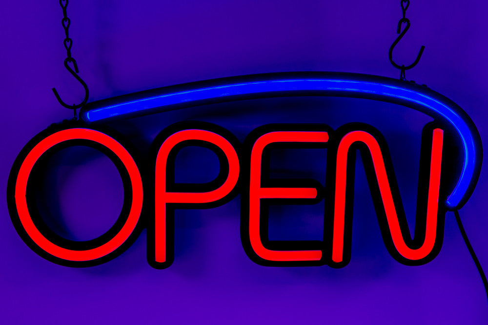 Bright LED Neon OPEN SIGN with Remote 17 inch x 7 inch. Steady Light for Business Storefront, Walls, Shop Window, Bar sign (Blue/Red)