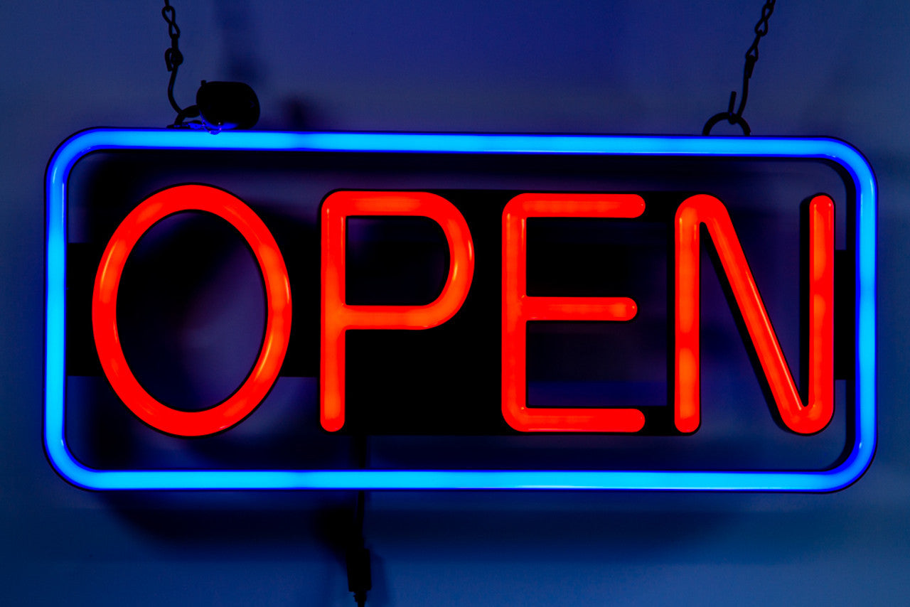 Ultra Bright LED Neon OPEN SIGN with Remote 21 inch x 10 inch. Steady & Flash Light for Business Storefront, Walls,Shop Window,Bar sign (Blue/Red)