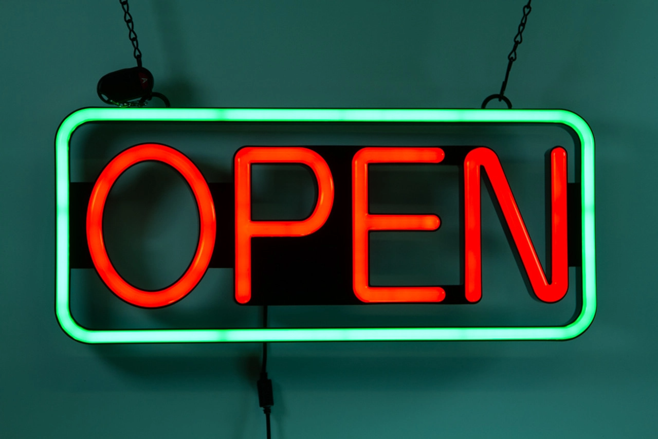 Larger Ultra Bright LED Neon OPEN SIGN with Remote 21 inch x 10 inch. Steady & Flash Light for Business Storefront, Walls,Shop Window,Bar sign (Green/Red)