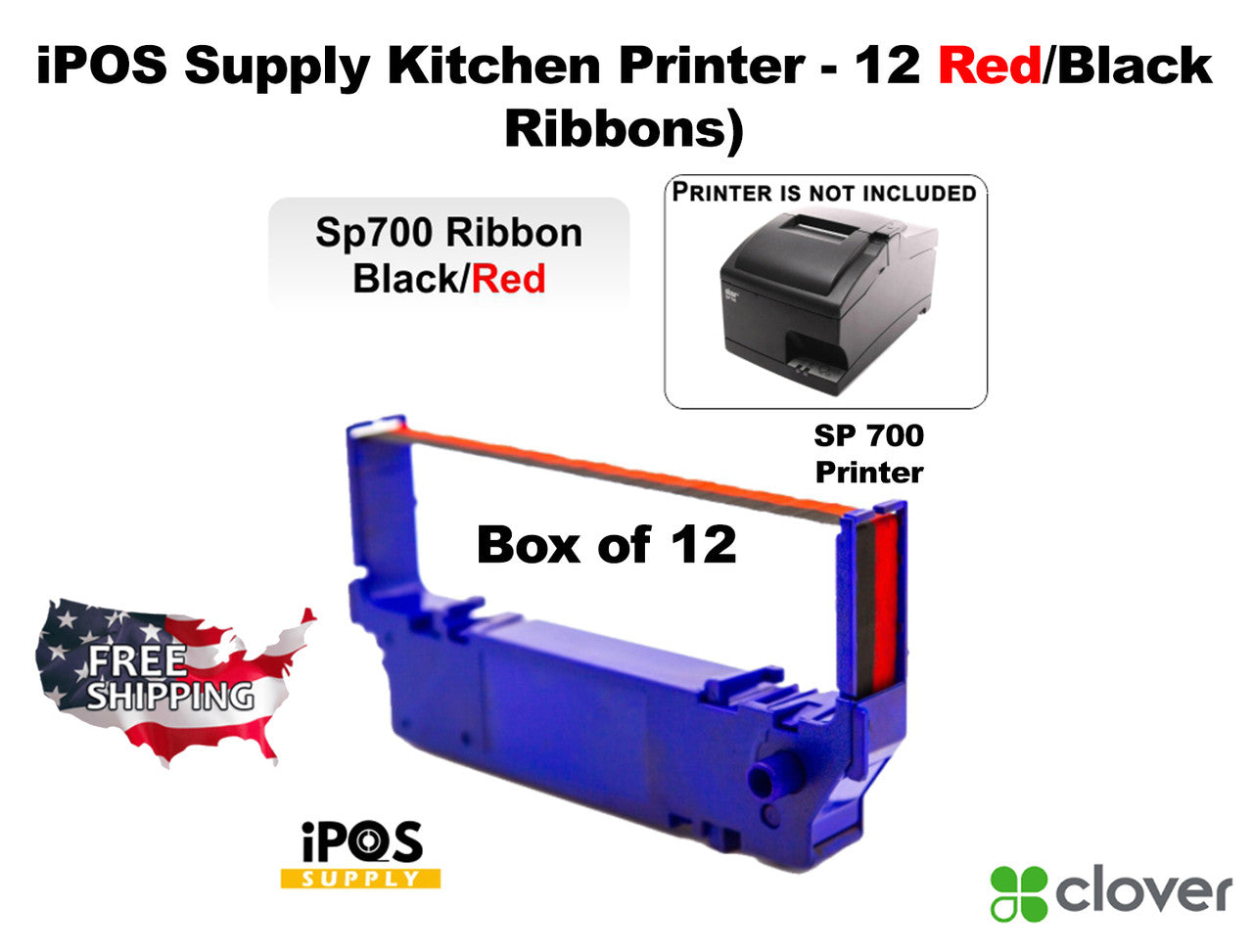 Clover POS Ink Kitchen Printer - 12 Red/Black Ribbons Box Of 12 Ink High Quality