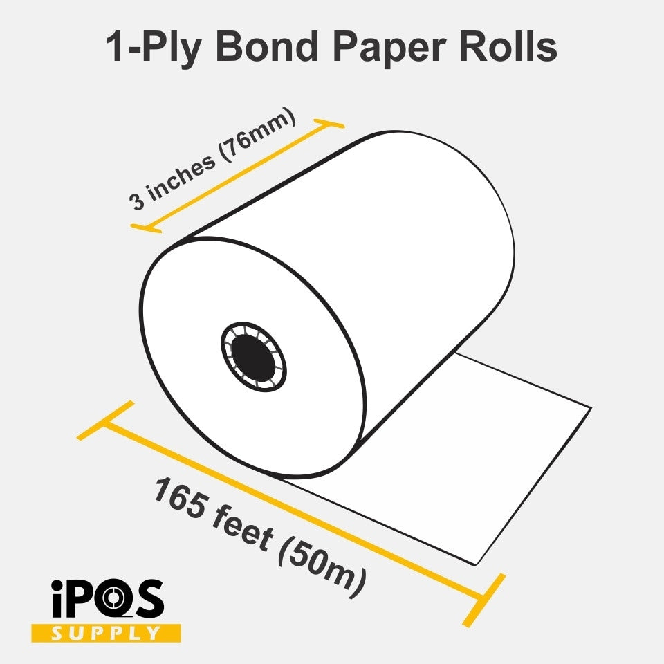 1 Ply Bond Receipt Paper Rolls 3-inch x 165 Feet - (Pack of 10 Rolls)